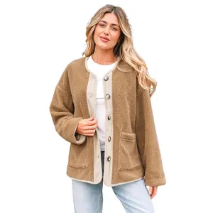 Women's Light French Beige Puffy Plush Corduroy Patchwork Jacket for Daily Wear