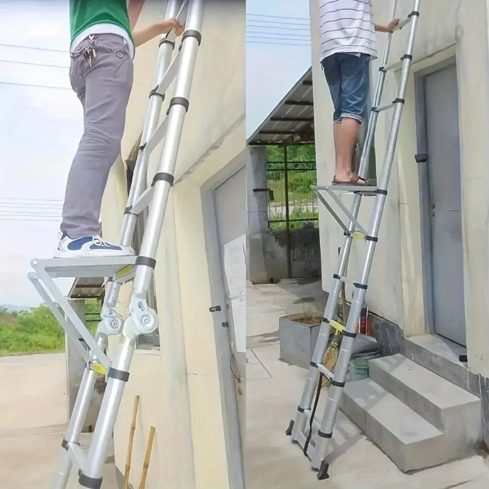 Heavy-Duty 400Lbs Load Capacity Easy Install Platform, with Retractable Workstation System And Tool Tray, Silvery, Suitable for Large Ladders, Anti-Slip Design(Selling Ladder Additions Solely)