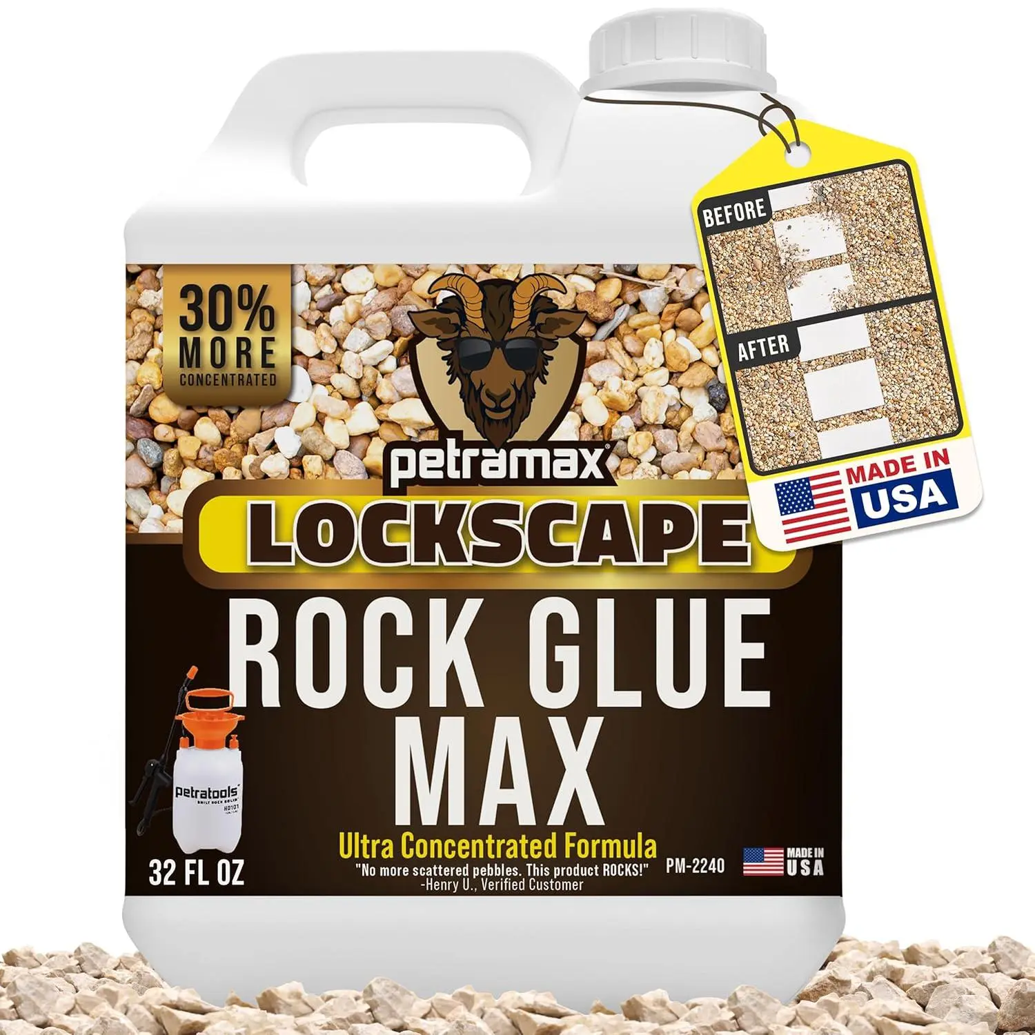 Max Rock Glue for Landscaping, 32 Ounce - Ground Coverage & Pet Safe Mulch Glue for Rocks - Lockdown Gravel/Pebbles/Stones - Sticky Clear Gravel Binder & Decomposed Granite Stabilizer (50 Sq Ft)