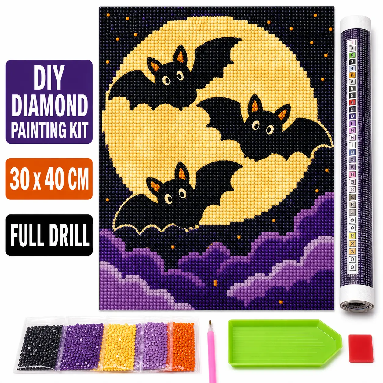 DIY Halloween Craft Kit, Playful Bat Trio Diamond Art, Full Drill Unframed Canvas with Round Diamonds for Fall Decor, 30 x 40 cm
