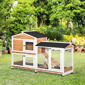 62" Mobile Rabbit Hutch – 4 Sq Ft House, 7 Sq Ft Run, Wheels & Ramp. Asphalt Roof, Pull-Out Tray. For 1-3 Rabbits. Yellow