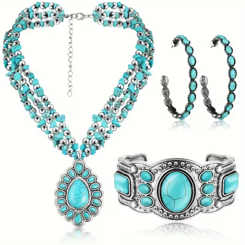 3pcs Set of Women'S Western Bohemian Jewelry Long Choker Pendant Tiered Bracelet Pendant Earrings