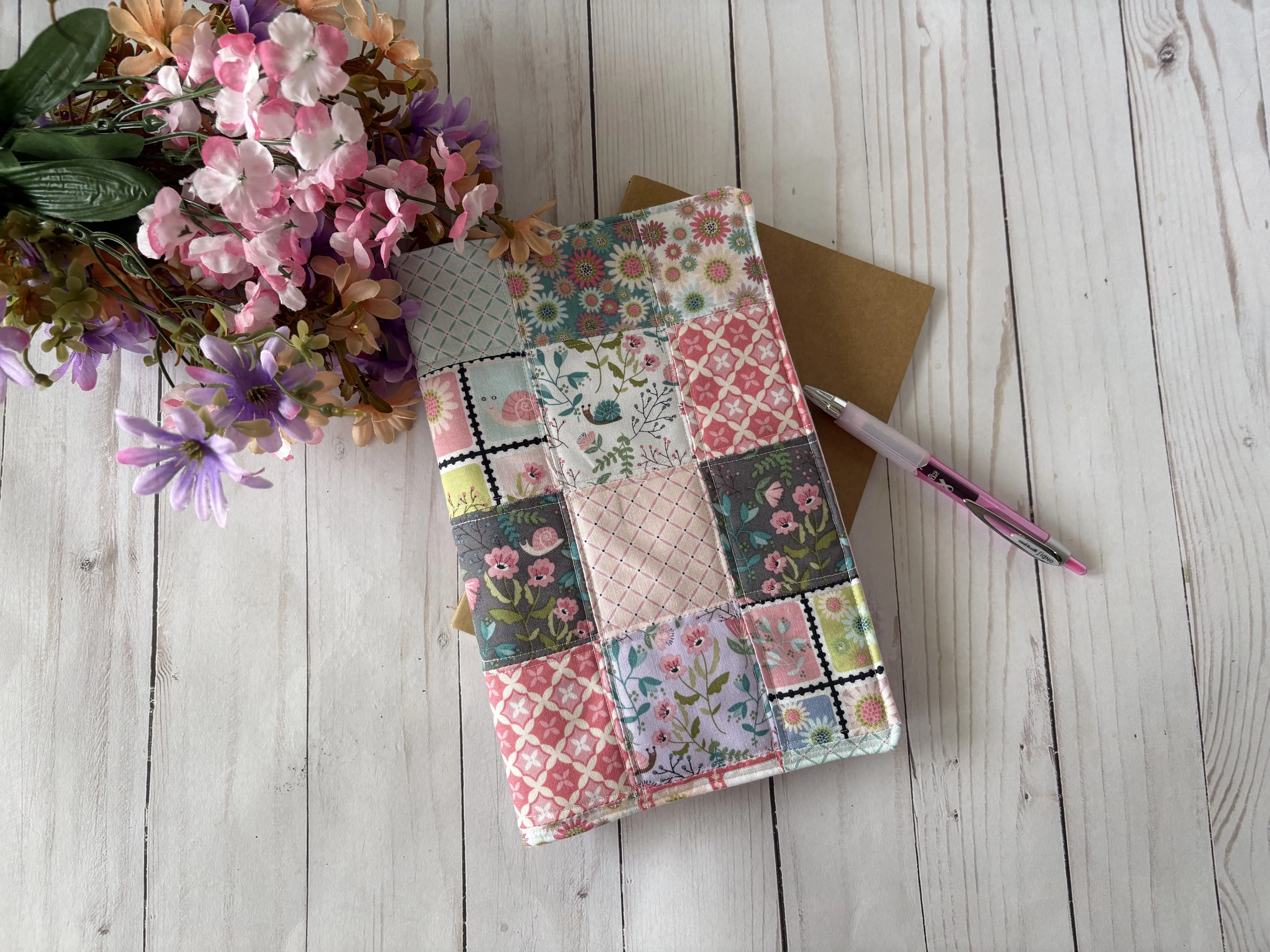 French Country Quilted Patchwork Notebook Cover - A5 Pink-Purple Floral Snails Fabric Holder for Office Stationery Supplies