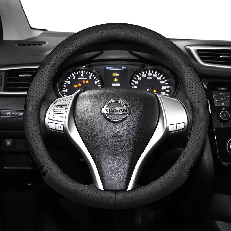 For Nissan Perforated Leather Car Steering Wheel Cover, Car Accessories, Custom, Ultra-thin Breathable Fits Rogue/X-Trail/Kicks/Qashqai/Sentra/Almera/Versa/Sunny/Altima/Navara/Frontier/Pathfinder/Juke/Magnite/Ariya/Leaf