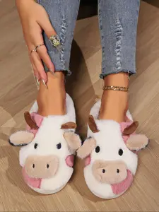 Women's Cute Cow Design Plush Slippers, Casual Soft Comfortable Home Slippers, Warm Slippers for Indoor & Outdoor Use for Fall & Winter