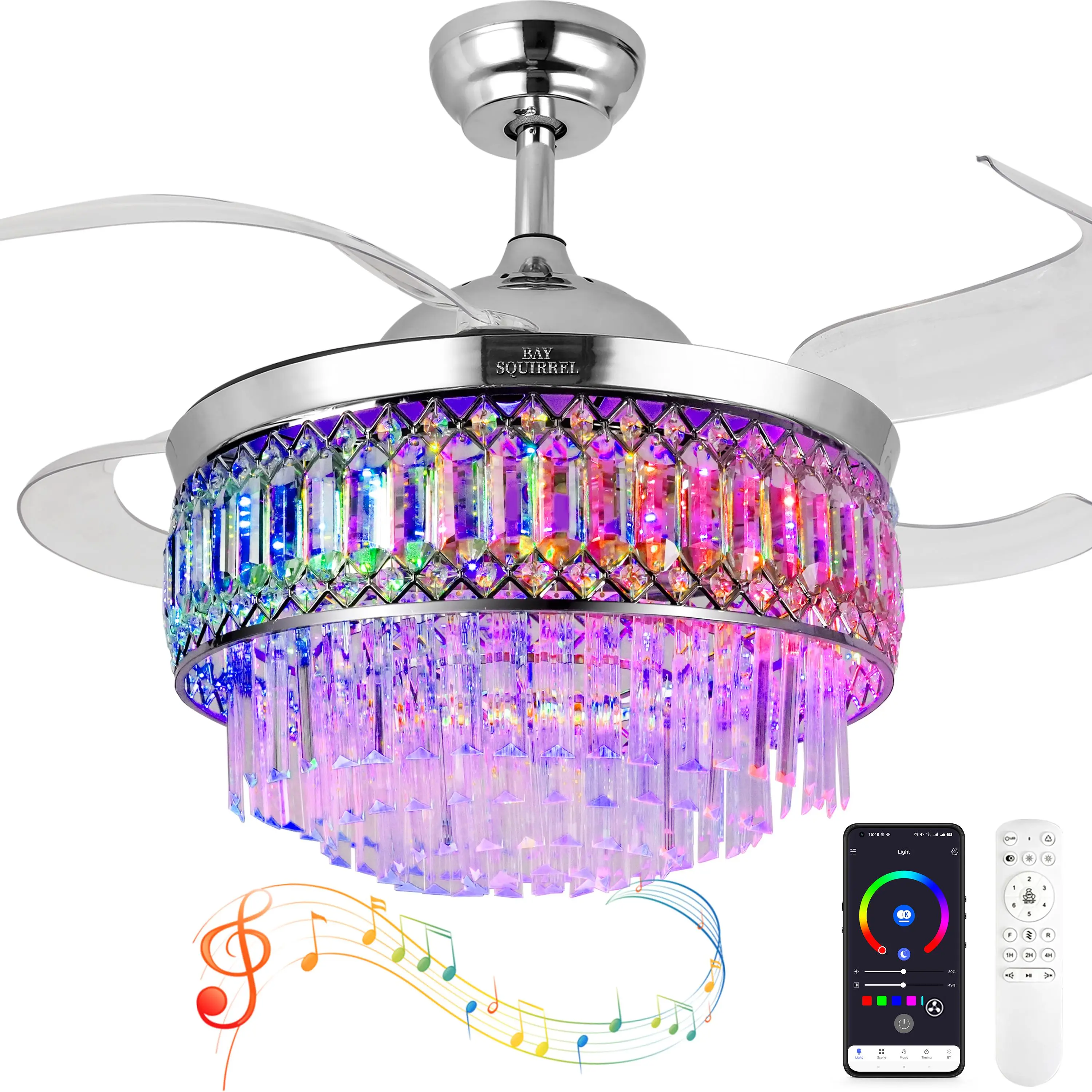 BAYSQUIRREL 42" Retractable Crystal Ceiling Fan with Lights - Remote/APP Control, Bluetooth Speaker, 6-Speed RGB Ambiance Lighting, Sound-Effect Indoor Fixture, Fan for Bedroom, Home Family Gatherings