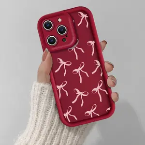 Pink Bowknot Pattern Case foriPhone 16 15 14 Pro Max 13 12 11 XR XS Plus EShockproof Drop Protection Silicone CoverProtective Protector-Cellphone Casing WhiteColor iPhone16case