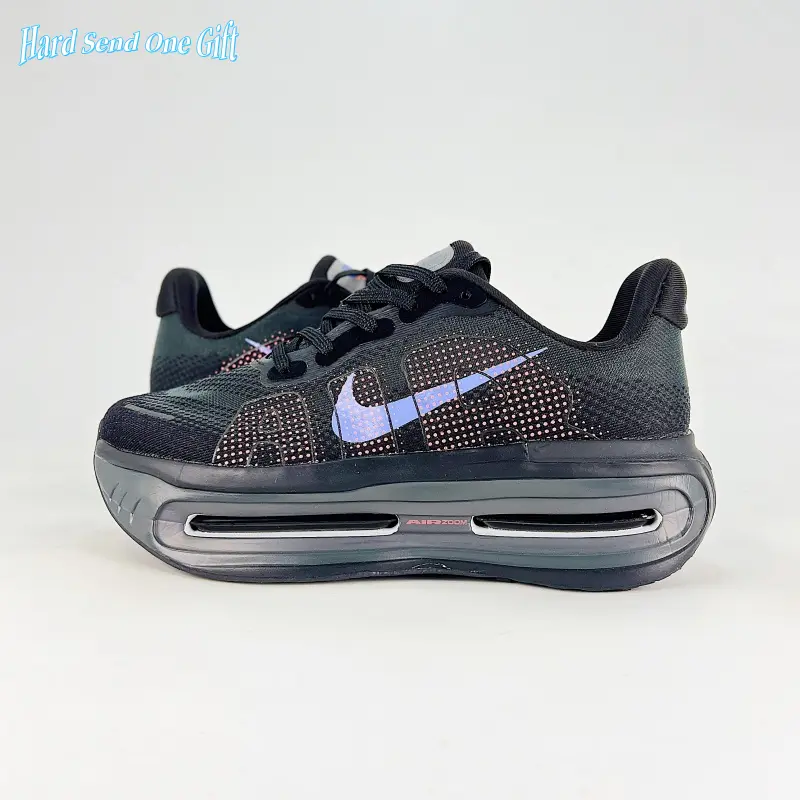 Air cushion platform running sneakers feature full-length transparent shock air midsole, crafted from sheer breathable woven knit mesh, matte black mesh upper with subtle copper dotted print & silver transparent cushion, ultra-light thick sole build