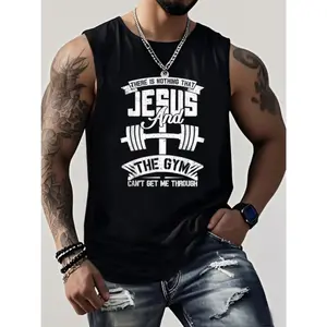 Men's Jesus Pattern 100% Cotton Tank Top, Funny Christian Workout Tank Top, Classic Men's Workout Vest Menswear