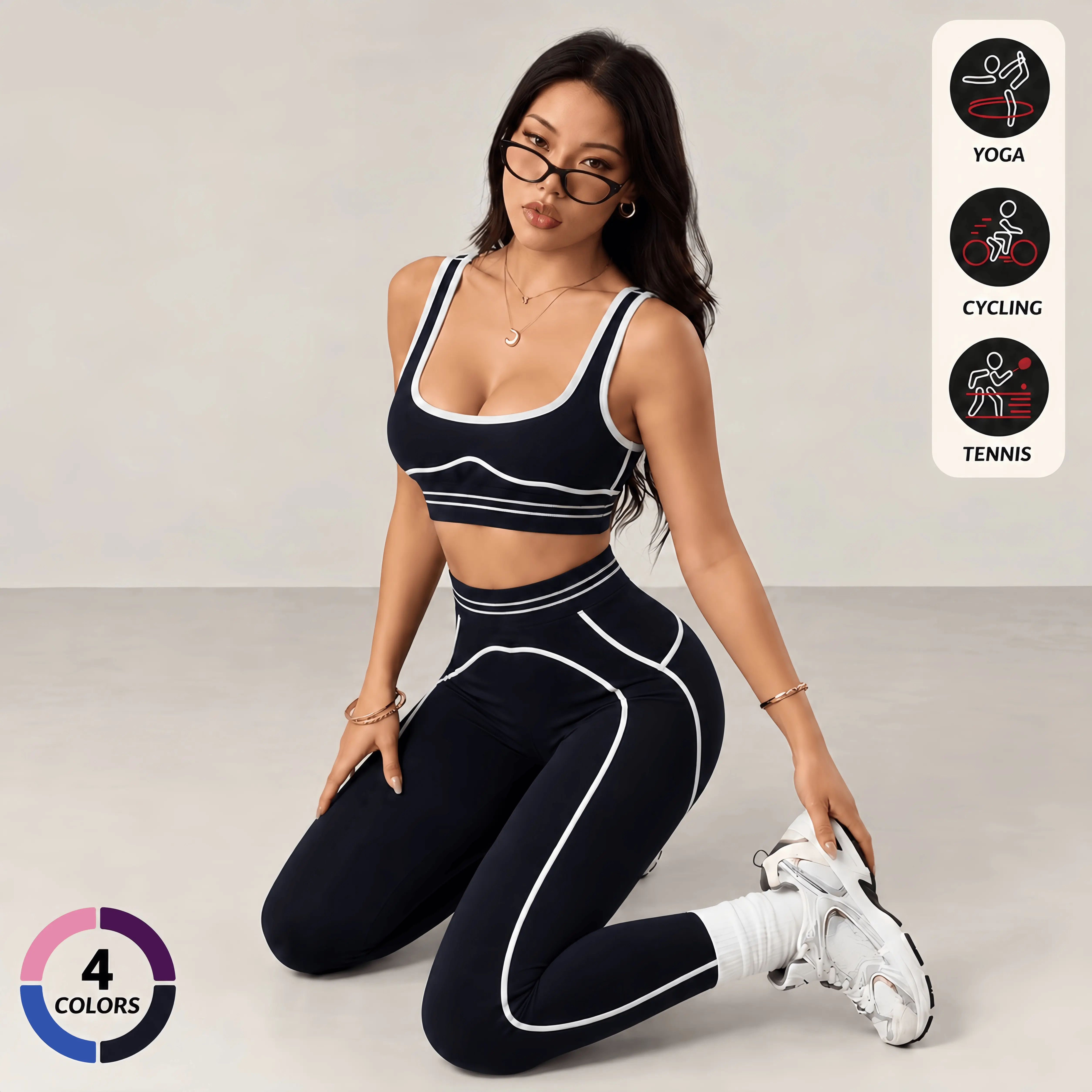 Women's 2-Piece Yoga Set – Contrast Trim Sports Bra & High-Waisted Leggings, Matching Workout Outfit for Gym, Pilates & Everyday Activewear
