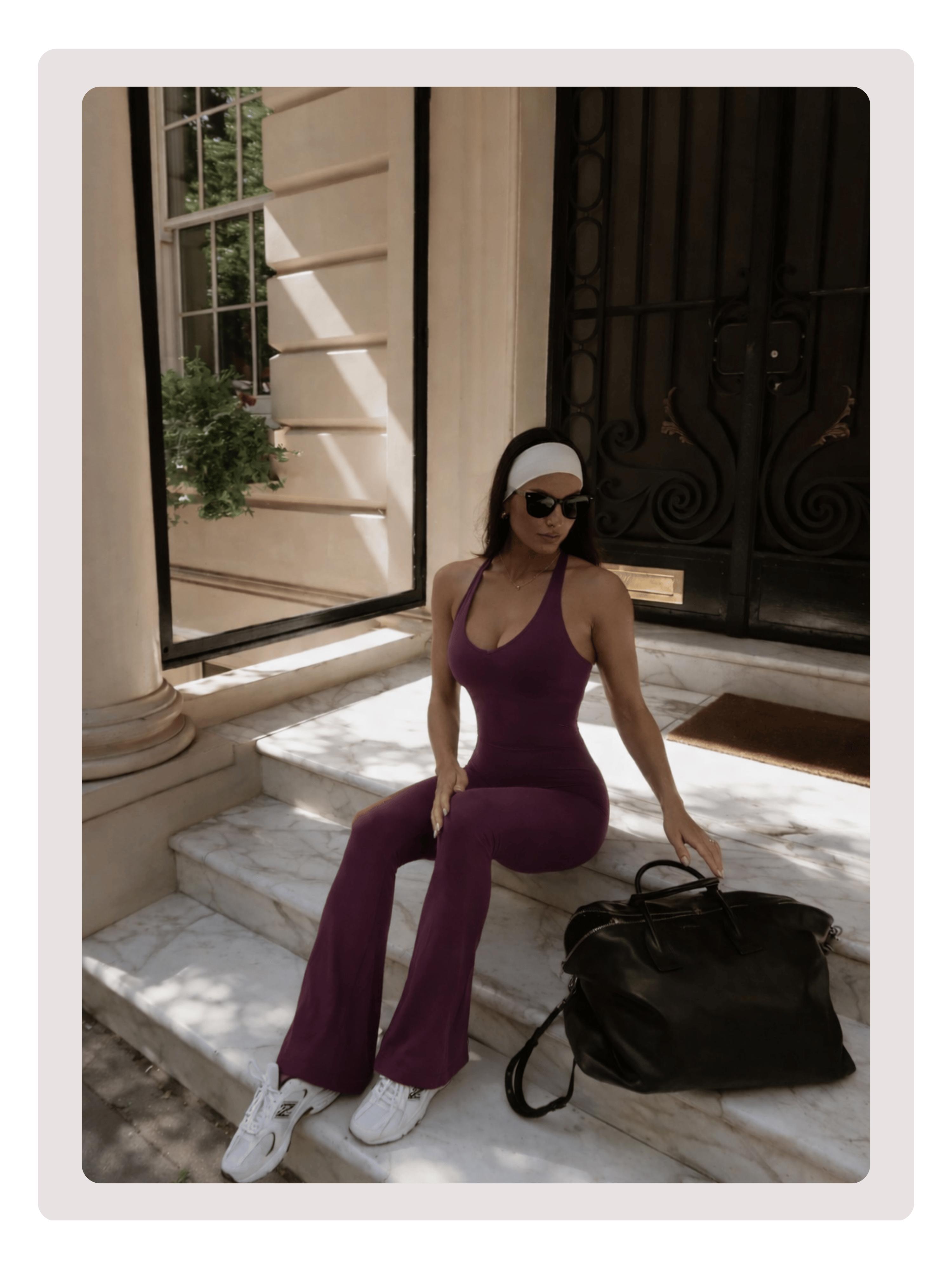 Coral Canton Backless Halter Top Sport Jumpsuit Bodycon Flared Legs