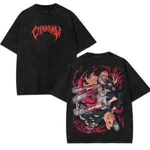 Menswear Oversized Pochita Chainsaw Man Cute Devil Vintage Washed Short-Sleeve T-Shirt, Casual Festive Anime Manga Graphic Tee, Unisex Cotton Streetwear Top for Anime Lovers
