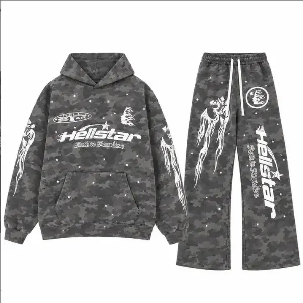 Hellstar Racer Tracksuit Vintage Camo Flame Graphic Hoodie Sweatpants Set Oversized Streetwear Set | Casual Urban Fashion | Everyday Hooded Top