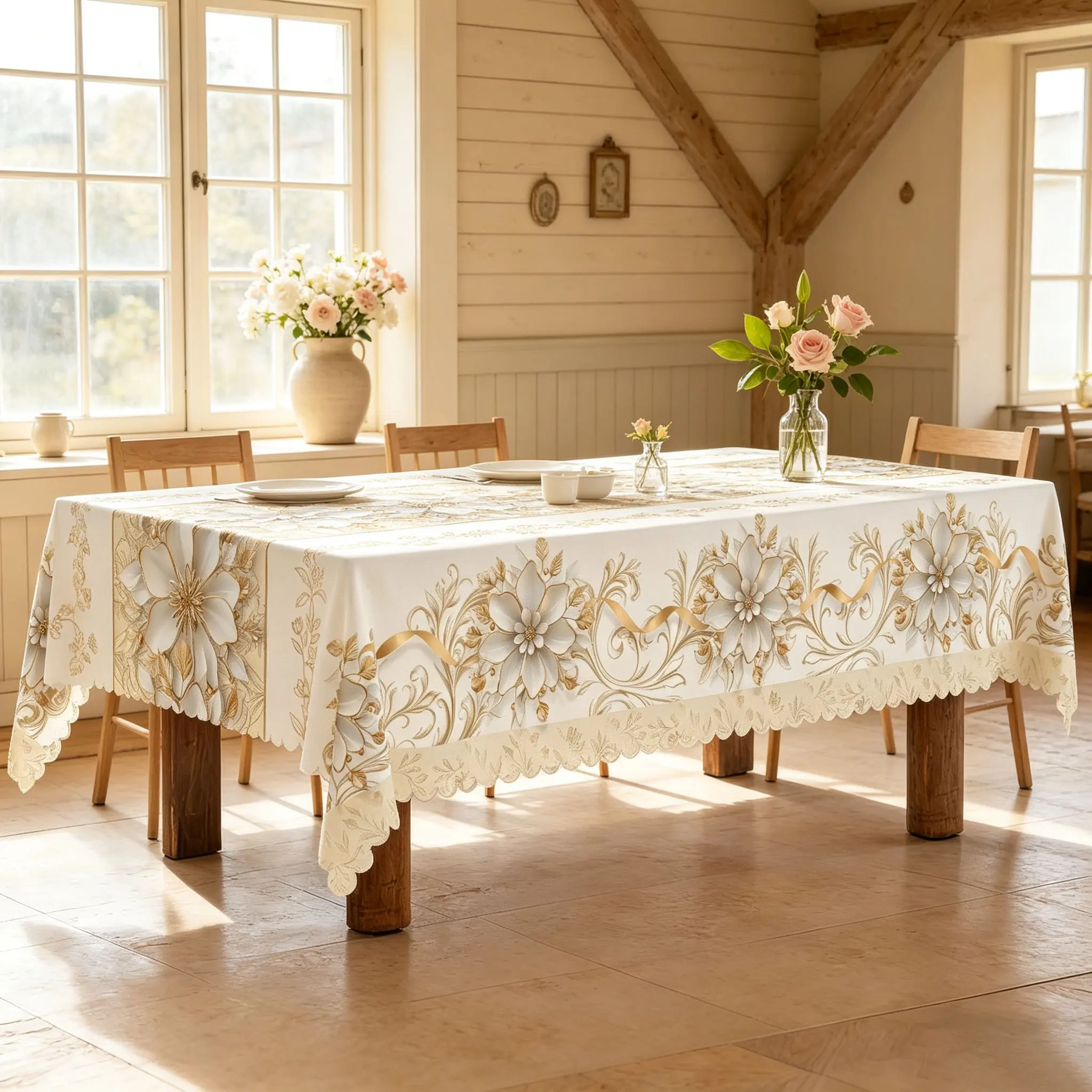 Elegant White & Gold Floral Rectangular Tablecloth, Luxury Botanical Flower Print Table Cover, Decorative Dining Table Cloth for Kitchen, Dining Room, Party, Wedding & Home Decor