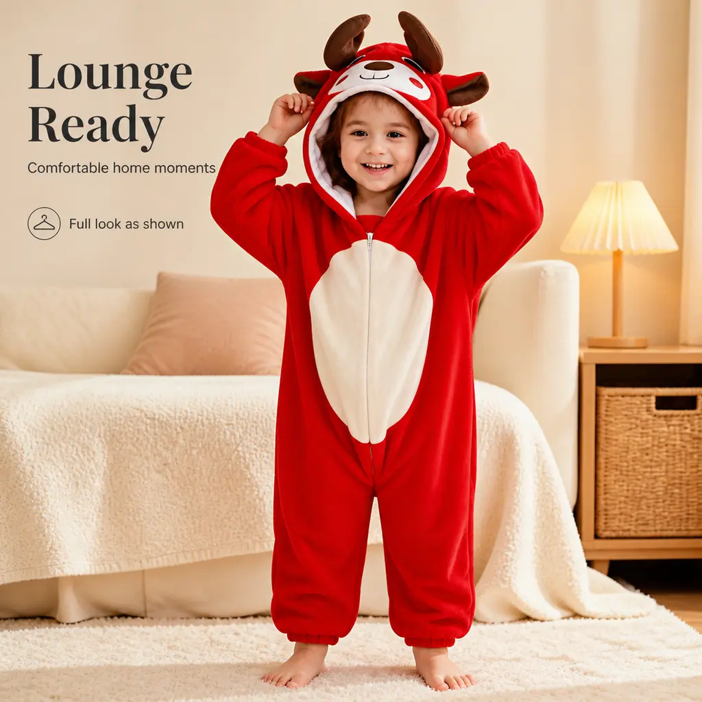 Toddler Baby Reindeer Hooded Onesie - Fuzzy Flannel Zip-Up Jumpsuit, Cute Christmas Animal Romper Pajamas for Boys & Girls, Warm Holiday Party Loungewear
