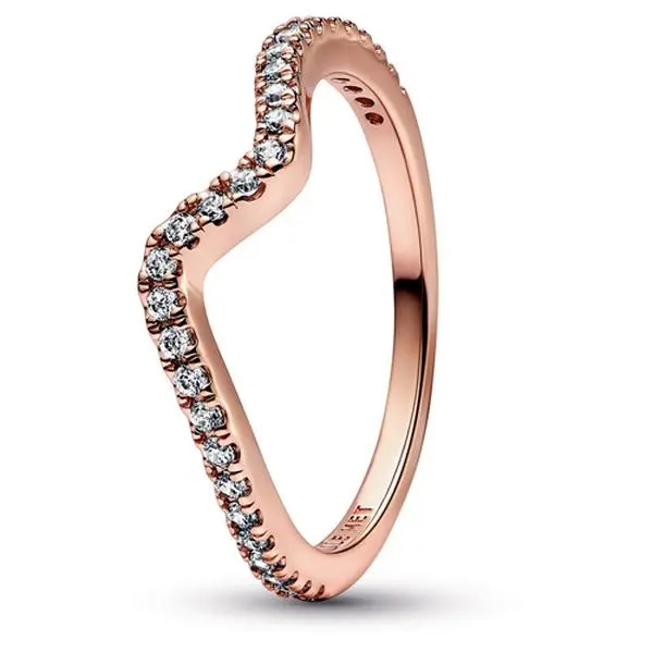 PANDORA Contemporary Sparkling Wave Ring for Women, 14-Karat Rose Gold-Plated with Brilliant-Cut Round CZ Stones, Female, Contemporary Look, Wave Shape, Plated Silver Rings, Curves To Resemble Wave