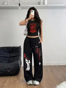 Y2K Emo Dark Gothic Two-Piece Set, Print Crop Top & Wide Leg Pants, Streetwear Punk Culture, Casual Winter Style, Loose-Fitting, Womenswear, Clothes