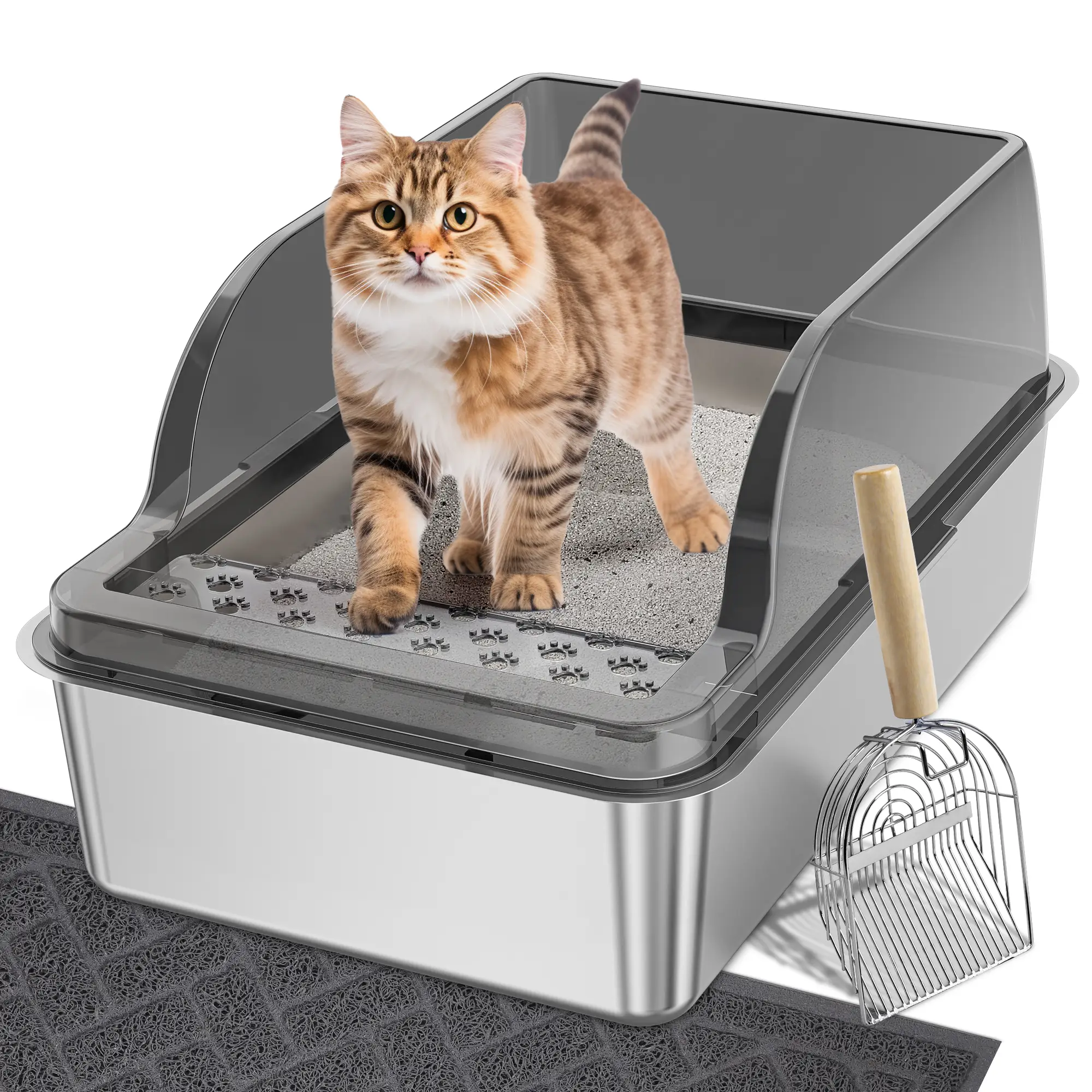 UPSKY Stainless Steel Cat Litter Box with Lid, XL Large Metal Litter Box for Large Breeds, Enclosed Kitty Litter Pan with High Sides, Leak-Proof & Non