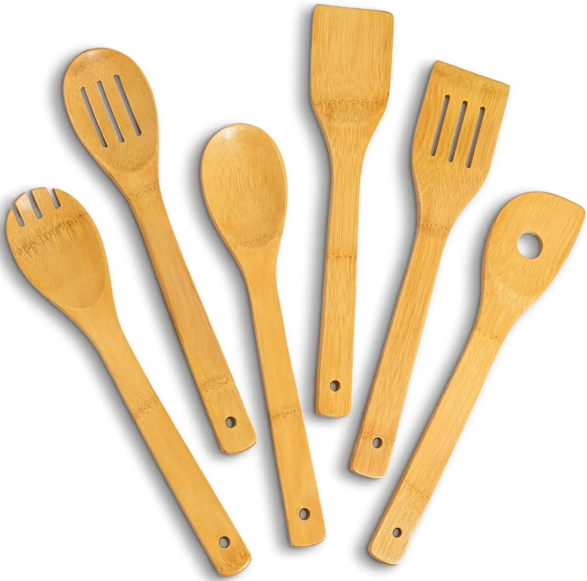 12 in Natural Bamboo Kitchenware Set, 6-Piece Household Kitchen Cooking Utensils - Durable Non-Stick Tools with Wooden Spoons, Spatula, Slotted Spoon & Strainer for Non-Stick Pans, 12 Inches