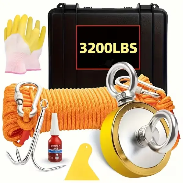 3200LBS Fishing Magnet Kit - Heavy Duty Neodymium Rare Earth Magnet, Double-Sided 2.95", Gloves, Locking Clasp & Threadlocker Included