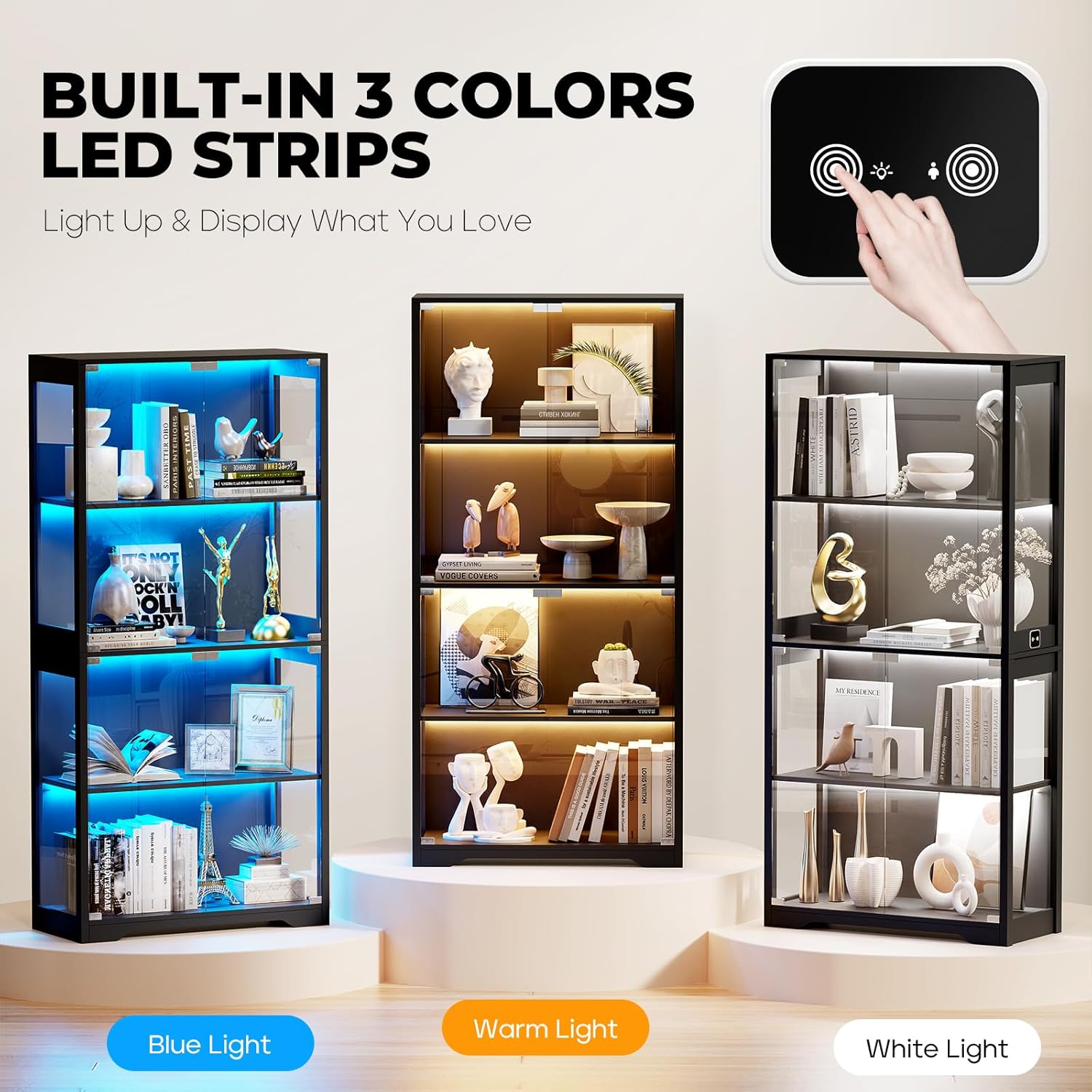 BROTTAR Display Cabinet with Glass Doors, 4-Tier Curio Cabinet with 3 Color Lights for Collectibles, Glass Display Case with Human Body Sensor, Bookcase with 4 Shelves, Storage Cabinets, White，Gray，Black