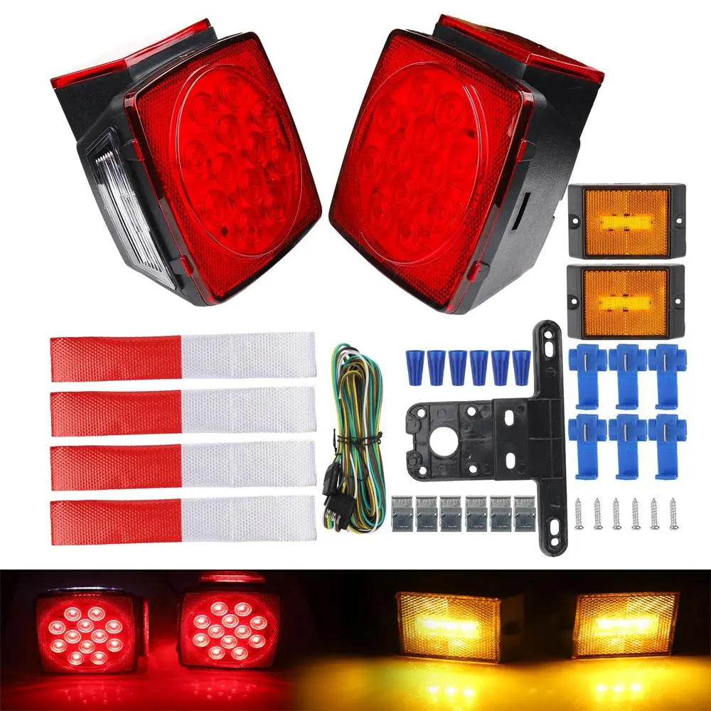 Square LED Submersible Trailer Light Kit, DOT Approved Rear Stop Tail Turn Lights, IP67 Waterproof Submersible Design, Long Lasting LED Lamps for 80 Inch Wide Trailers & Marine Use