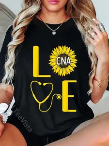 100% Cotton Love CNA Nurse Sunflower Certified Nursing Assistant T-Shirt