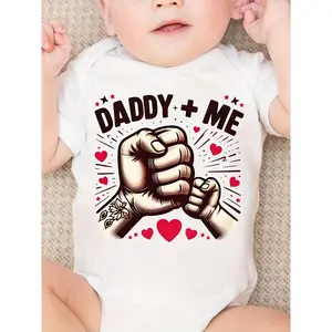 Daddy + Me" Cute Short-Sleeve Onesie for Youngsters - Boys & Girls, Polyester, Casual Style, Letter Print with Fist Bump Graphic, Ideal for Summer, Youngsters Romper, Perfect for Outdoor