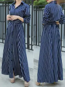 Elegant Striped Waist Cinching Fitted Long Dress, Shirt Collar & Long Sleeves Design, Bow Tie Accent, Modern Style for Daily Wear, Casual Wear & Commuting, Womenswear