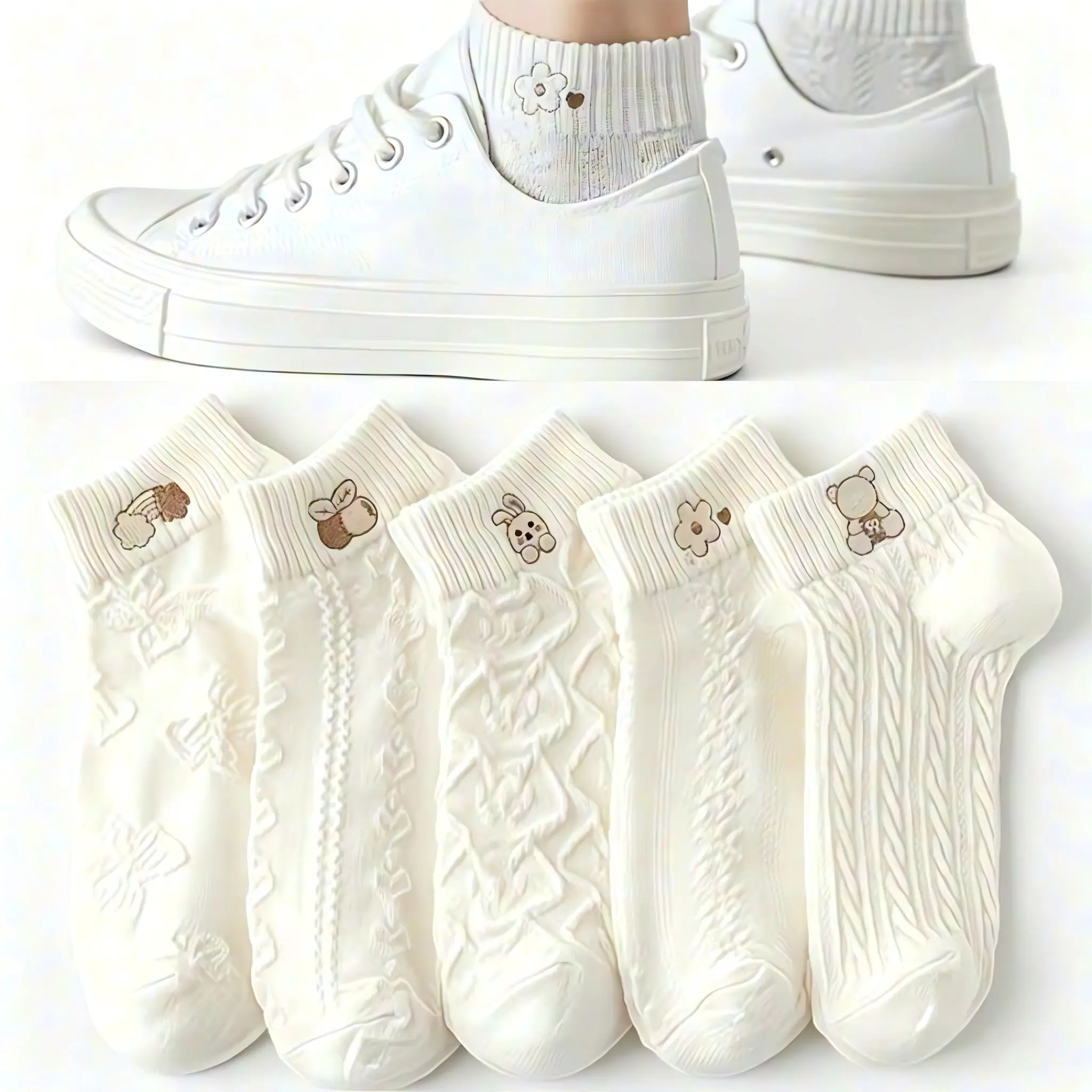 5 Pairs Women’s Cloud and Rabbit Print No-Show Socks – Breathable Mesh Low-Cut Socks for All-Season Daily and School Wear
