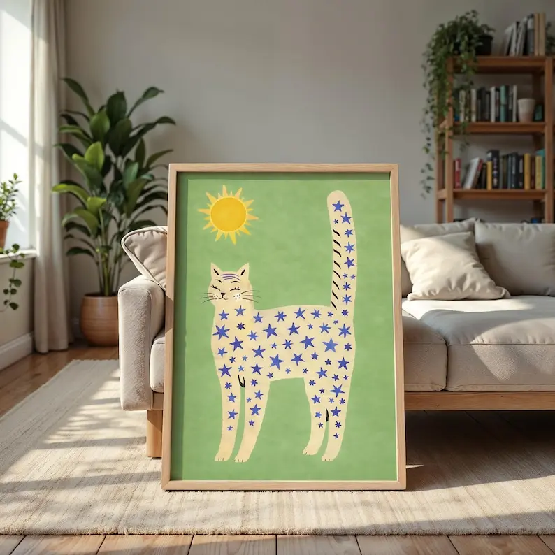 Cat And The Sun Print - Whimsical Cat Wall Decor - Abstract Animal Wall Art - Quirky White Cat Poster - Peaceful Reading Nook Wall