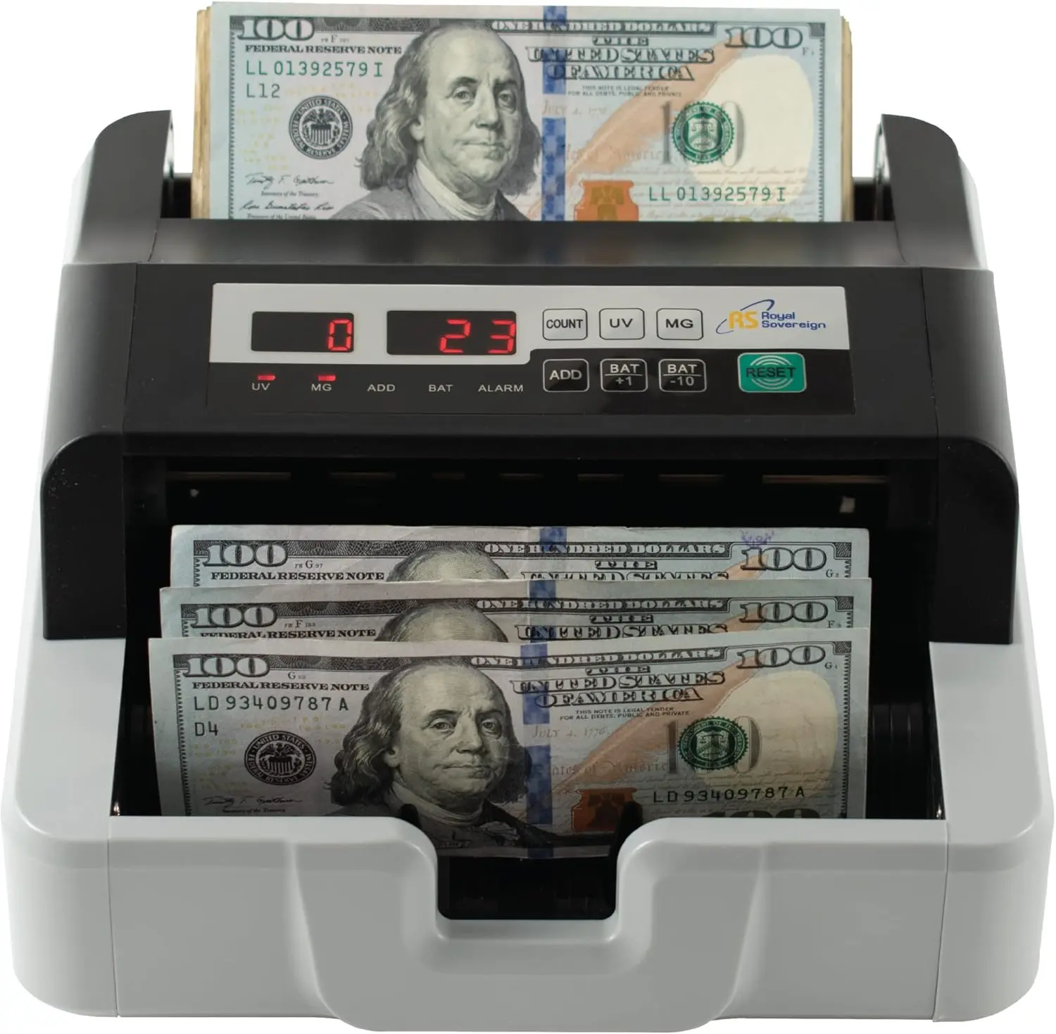 Royal Sovereign USD High Speed Bill Counter with UV/MG Counterfeit Detection, High Volume Money Counter, Add and Batch Mode (RBC-100N)