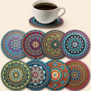 8-Piece Mandala Pattern Heat-Resistant Synthetic Wood Cup Mats Set, Coasters, Non-Slip Kitchen Accessories, Perfect for Various Cups, Holiday Home Parties