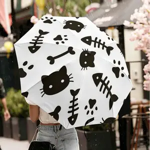1PC Cute Cat Paw Fish Bone Print Folding Umbrella, Minimalist Cartoon Aesthetic, Windproof Waterproof, UV Sun Protection, Sun & Rain Dual Use Compact Parasol, For Student Daily Commute, Outdoor, Ideal Gift For Cat Lovers Girls