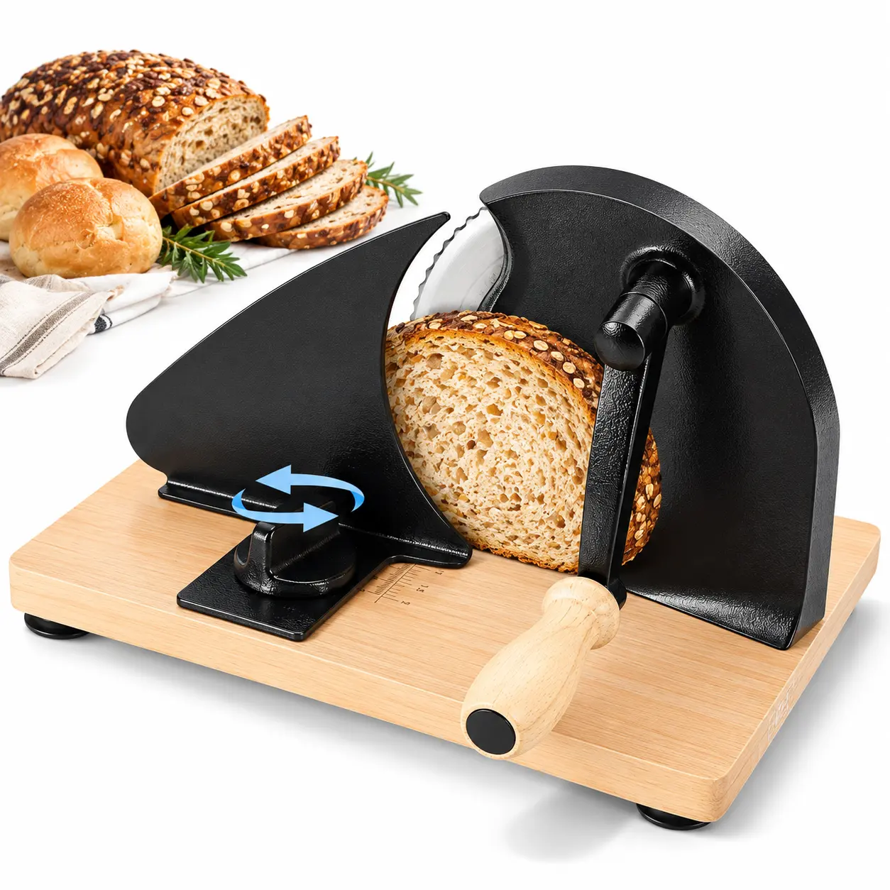 Wooden Manual Bread Slicer with Wood Base, Adjustable Thickness Hand Crank Kitchen Utensils Cutter for Sourdough Bread, Scale Markings, Suction Cups, Metal Guide