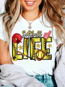 Plus Size, Colorful Softball Life for Women Playful Cursive Design Featuring Softball Letters Baseball Gloves and Stars Perfect for Softball Enthusiasts and Casual Outings Cute and Fun Graphic W, Festive Holiday Party Outfit for Adults