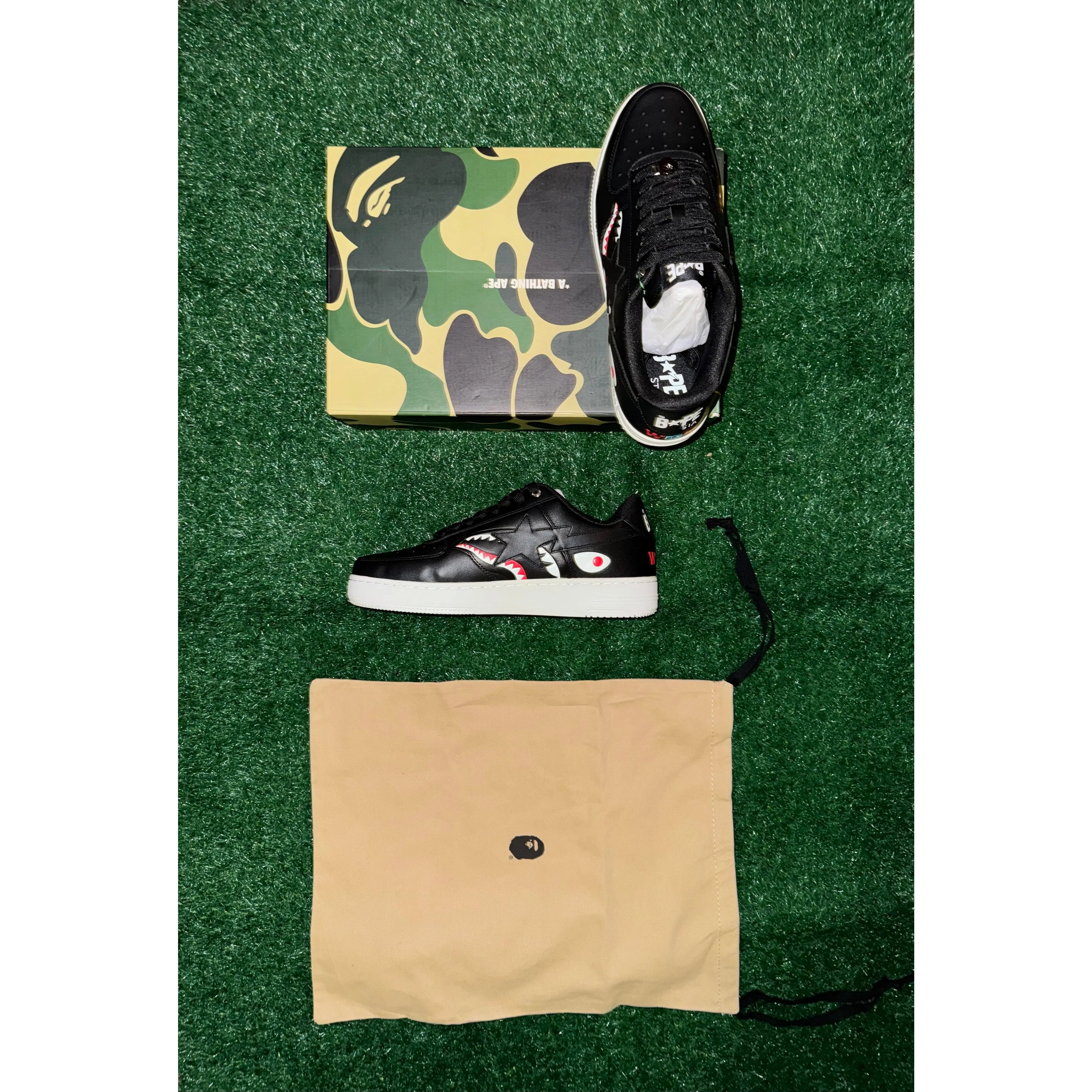 A Bathing Ape Bape Sta Low – Shark Pack Black Size 11 New Unworn Premium Leather Classic BAPE Design Iconic Streetwear