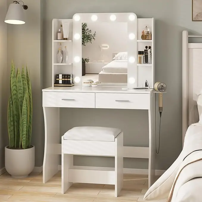 [Summergarden] Vabches Vanity Desk with Lights,Makeup Vanity with Power Strip,Dressing Table Set with 2 Large Drawers,Vanity Mirror 3 Lighting Color Adjustable
