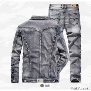 Men's 2-piece New Style Simple Autumn Smoke Gray Long-sleeved Jacket + Jeans Fashion Slim-fit Couple suit Clothes Menswear