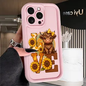 Love Highland Cow Sunflower Soft Case for iPhone 16 16e 17 Air 15 14 13 12 11 Pro Max Plus X XS Shockproof Drop Protection Rugged Durable Silicone Cover Holiday Gifts Anti-Scratch Festive Design
