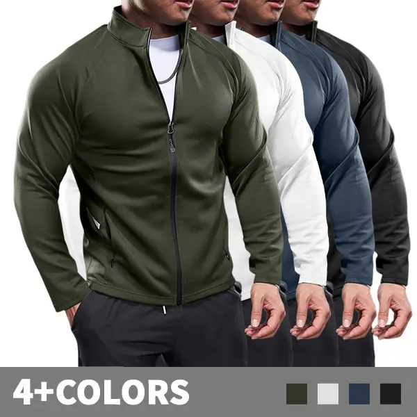 Men’s athletic jacket in four colors: army green, white, camouflage blue, black; stand collar; stretchy, breathable fabric; raglan sleeves; zippered design; slim fit; windproof; suitable for fitness, running, and commuting.