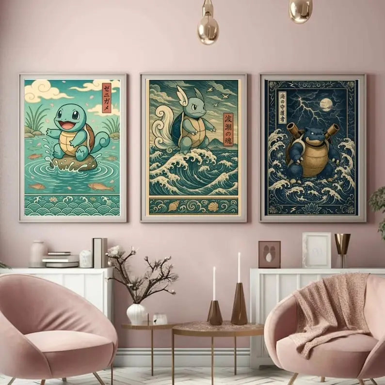 Set of 3 Squirtle Evolution Japanese Poster, Squirtle Wartortle Blastoise Posters Gift, Anime Movie-Inspired Art, Unframed Wall Art, Home Decor