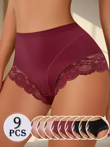 QUASTI 9 Packs High Waist Ladies Ice Silk Sexy Briefs with Lace Edge,Stretch Comfortable Soft Panties, 3-Colors Seamless Breathable Underwear Suitable for Ladies Women's Dailywear,Sexy Minimalist Thongs,S-XXL
