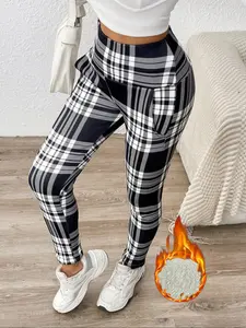 Women's Plaid Print Thermal Lined Leggings, Casual Comfy High Waist Skinny Pants for Daily Wear, Ladies Bottoms for Winter