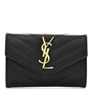 Pre-owned Yves Saint Laurent Grain De Poudre Calfskin Small Leather Goods Grain De Poudre Matelasse Chevron Small Monogram Envelope Wallet Black