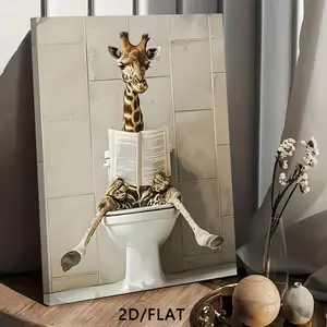 2D Flat, 2D/FLAT 1 Piece Giraffe Bathroom Canvas Art Painting, Fun Animal Wall Decor for Home Office or Dormitory