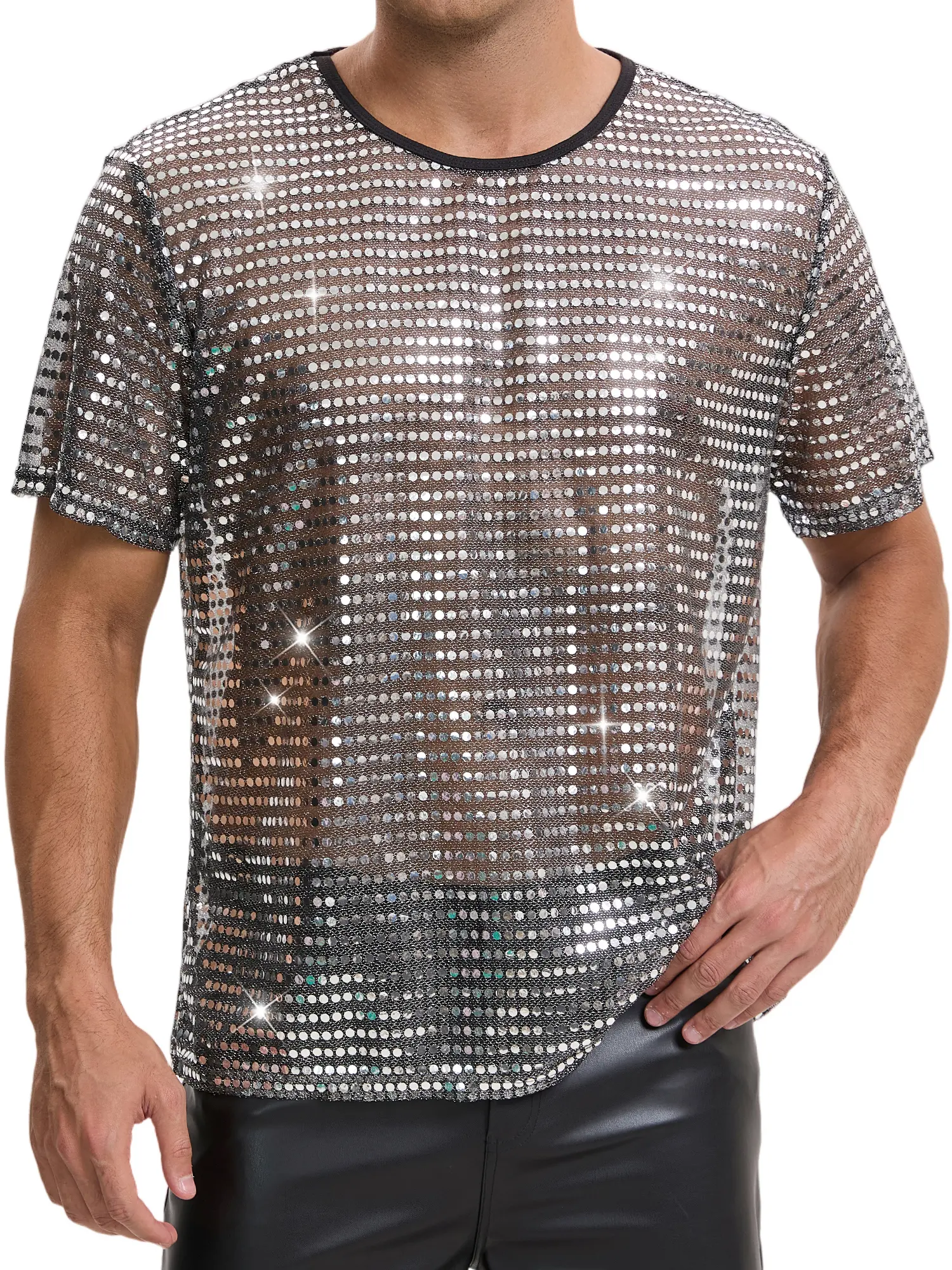 INSPIRE CHIC Metallic Sheer T Shirt for Men's Shiny Short Sleeve Club Party Glitter Sequin T-Shirt