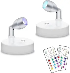 RGB Wireless LED Spotlight, Battery Operated Accent Lights, Indoor Mini Puck Light, Dimmable Uplight with Remote, 4000K Warm White, Stick on Wall Light with Rotatable Head, White, 2 Pack