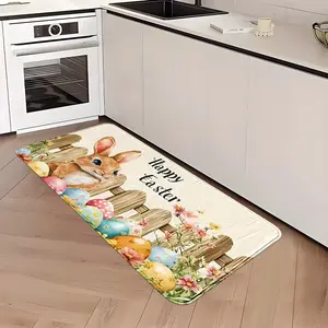1Pc Fence Easter Bunny&Egg Faux-Cashmere Kitchen Rug, Oil-Resist Stain-Proof Quiet Non-Slip, Cook-Island Full-Scene Machine-Wash, Easter Décor Multi-Size