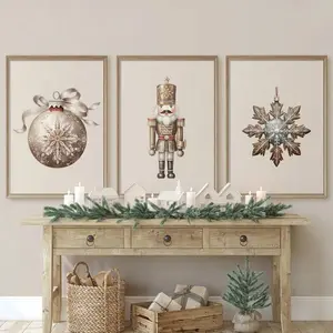 Christmas Decorations Set, 3-Piece Frameless Canvas Nutcracker Ball Snowflake Ornaments, Holiday Wall Art Posters, Home Decoration